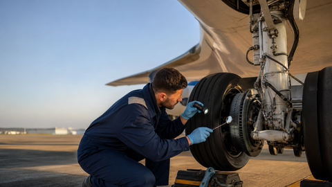 Maintenance technician inspecting an aircraft carbon brake assembly