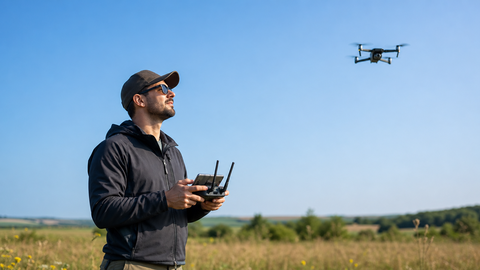 Remote pilot flying a drone outdoors