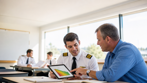 Instructor and trainee reviewing a human factors fatigue chart