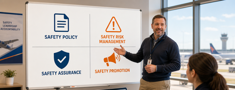 Whiteboard showing the four pillars of SMS: Safety Policy, Risk Management, Safety Assurance, Safety Promotion