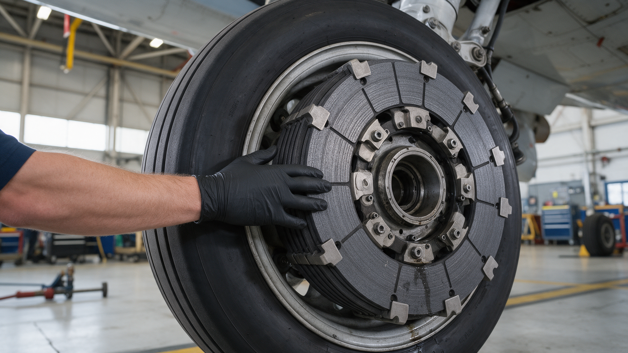 Maintenance technician inspecting an aircraft carbon brake assembly
