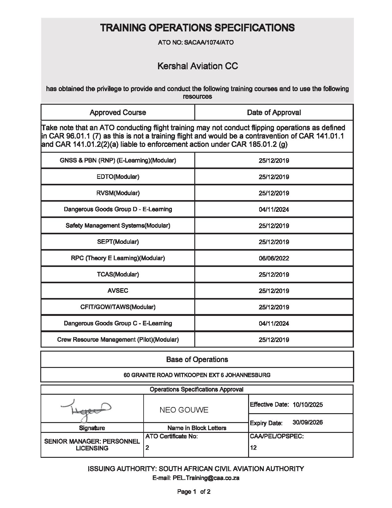 Kershal Aviation Training Operations Specifications, page 1
