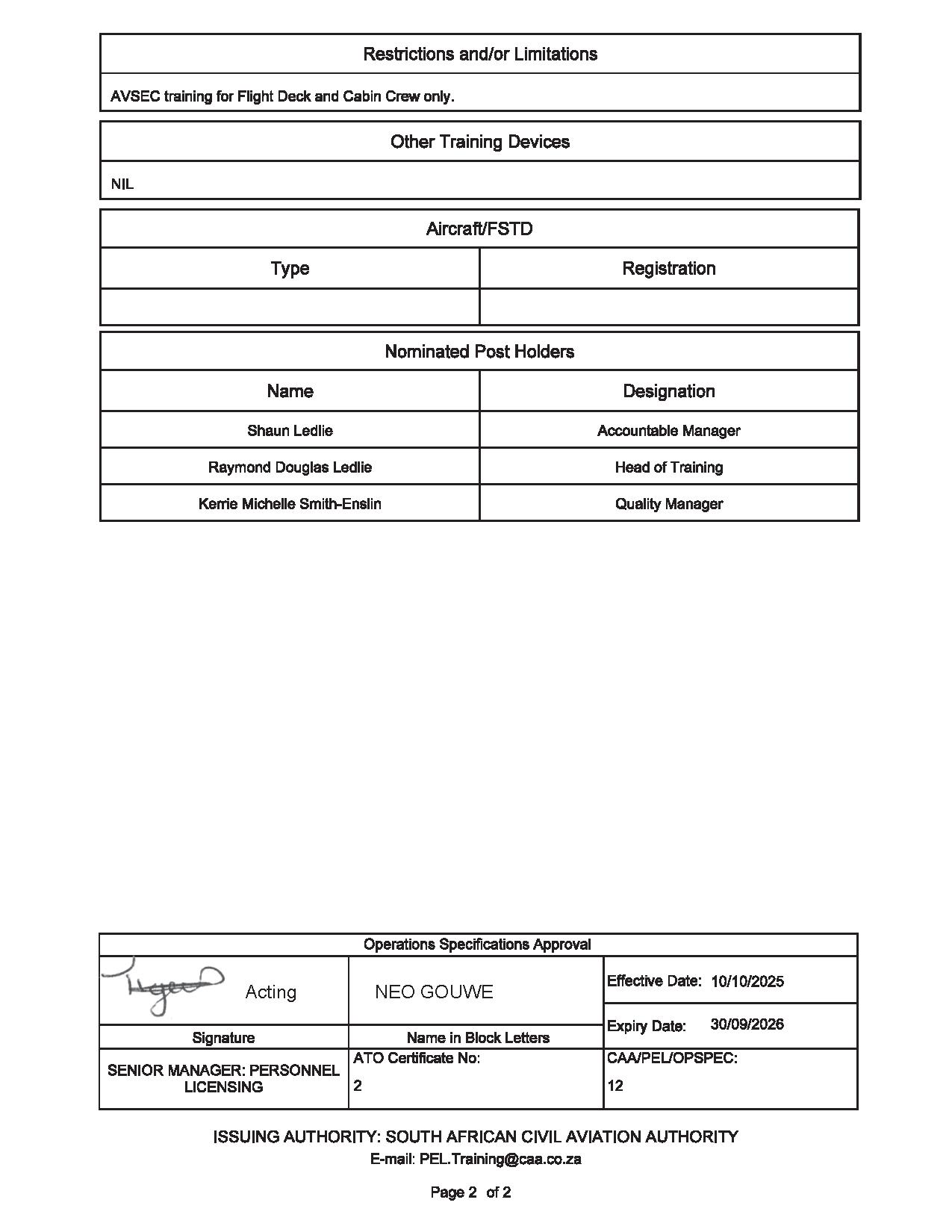 Kershal Aviation Training Operations Specifications, page 2