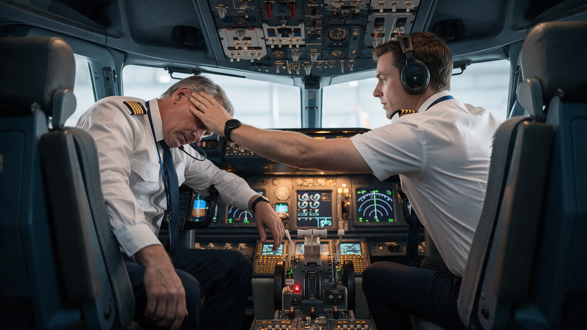 First officer checking on the captain in a cockpit training scenario